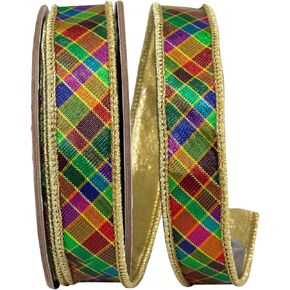 Reliant Ribbon Plaid Jewel Tone Deluxe Metallic Backed Wired Edge Ribbon, Multi