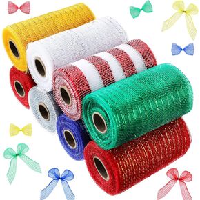 Dingion 8 Rolls Christmas Decor Mesh Ribbon for Wreath 6 Inch x 30 ft Green Red and Blue Poly Burlap Mesh Metallic Foil Metallic Poly Decor Mesh Xmas Tree Decorative Mesh for Bow Wreath Craft Supplies