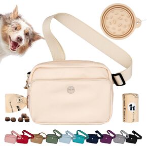 Puppington 3-in-1 Crossbody Bag & Dog Treat Pouch for Pet Training - Matching Compostable Poop Bags, Built-In Poop Bag Dispenser & Slow-Feeding Travel Dog Bowl - Dog Walking Bag (Vanilla Cream)