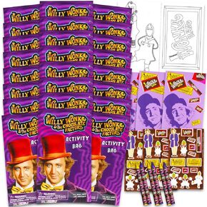Willy Wonka Birthday Party Favors Set - Bundle with 24 Willy Wonka Charlie and the Chocolate Factory Play Packs | Mini Coloring Books, Stickers, and More for Goodie Bags | Wonka Party Supplies