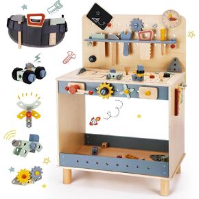 Deluxe Wooden Toy Workbench for Kids, 69 Pieces Tool Playset with Play Tools Set, Storage Space, Tool Bench, and Educational Gift for Girls & Boys Toddlers 3+