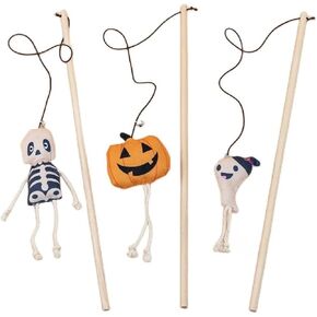 Halloween Cat Wand Teaser Toys with Bell, Kitten Interactive Plush Kitty Plaything Gift Set of 3