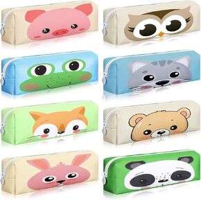 8 Pcs Cartoon Pencil Case Pouch for Boys Girl Cute PU Leather Cartoon Zipper Pencil Pouch Animal Frog Owl Bear Pen Bag Kawaii Stationery Holder Cosmetic Organizer Students Classroom School Gift award