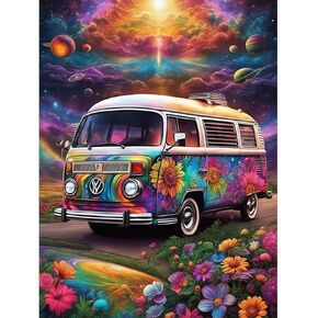SENQAO Bus Diamond Painting Kits for Adults, Car Flower Full Drill Diamond Dots Paintings for Beginners, Round 5D Paint with Diamonds Pictures Gem Art Painting Kits DIY Crafts Kits 12x16inch