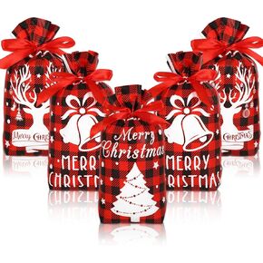 Whaline 72Pcs Christmas Plastic Drawstring Gift Bags 5.9 x 9.1 Inch Xmas Tree Bell Reindeer Treat Bags with Red Ribbon Red Black Plaid Candy Goodies Bags for Holiday Party Supplies