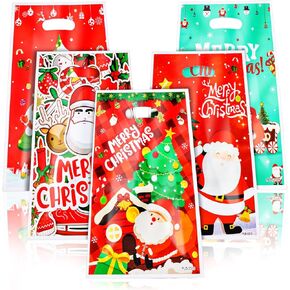 Abeillo 50Pcs Christmas Goodie Bags for Kids, Santa Claus Theme Party Favor Bags Christmas Gift Bags Medium Size Plastic Gift Bags Bulk for Kids (10 x 7Inch)