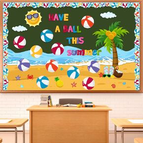 Pasimy Summer Bulletin Board Decorations Set Beach Paper Cutouts Flip Flop Surfboard Flamingo Swimming Ring Bulletin Board Border Tropical Classroom Decorations for Classroom Office Home(Hibiscus)