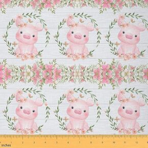 Jejeloiu Cute Pig Upholstery Fabric for Chairs,Cartoon Farm Pig Pattern Fabric by The Yard,Botanical Floral Flowers Decorative Fabric for Upholstery and Home DIY Projects,1 Yard Pink