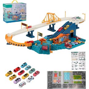Toy Car Ramp Track, Climbing Hills Railcar Colorful Vehicles Construction Play Set with 12 Mini Racer Cars for Kids 3+(City)