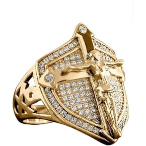 Trendy Jesus CZ Ring 14K Gold Plated Shield Cross Nordic Viking Ring Blessing Prayer Faith Religion Jesus Iced Out Jewelry Hip Hop Punk Creative Gold Shiny Full Diamond Ring