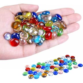 KINGOU 50 pcs Replacement Mancala Stones Mixed Colored Flat Glass Pebbles/Beads/Gems for Games (12-15mm)
