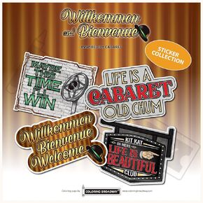 تلوين برودواي - ملصقات Willkommen and Bienvenue الموسيقية مستوحاة من ملصقات مسرح Cabaret Broadway، والبضائع الموسيقية، وملصقات فينيل مقطوعة بالقالب وخالية من الفقاعات (3 × 3 بوصة - مجموعة من 4)