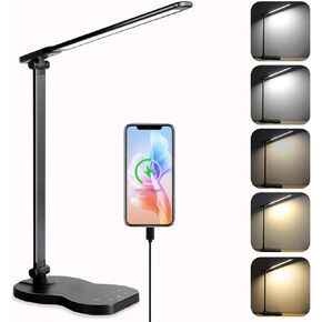 Led Desk Lamp with USB Charging Port, 5 Lighting Colors & 10 Brightness Reading Lamp, Foldable Dimmable LED Desk Light, 3000-6500K, Violin Shape Black Lamp Desk Lamps for Home Office
