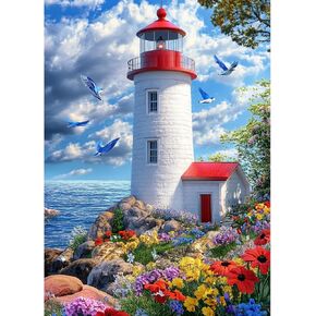 AIRDEA Diamond Art Paintings Kits for Adults,Lighthouse Diamond Art Kits for Adults,12x16 Inch DIY Diamond Art Paintings Kits Seaside Flowers and Seagulls,Diamond Art Painting Set for Beginner