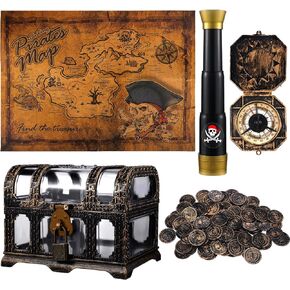 Bencailor 104 Pcs Halloween Pirate Treasure Chest Box Pirate Bronze Pirate Coins Vintage Pirate Map Compass Party Favor Telescope Pirate Accessories for Cosplay Props Party Supplies