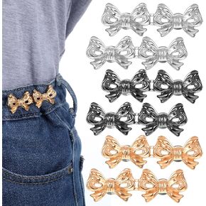 6 Sets Pant Waist Tightener Adjustable Detachable Button Pins for Jeans No Sew No Tool Bow Button for Jeans to Make Tighter Decorative Waist Buckles Metal Pants Clips for Jean Skirt Waistband