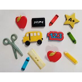 Artminds School Days Buttons Embellishments Set of 12 Bus Apple Ruler Scissors 123 A+ Crayons Chalkboard