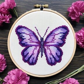 Generic Purple Butterfly 11CT Stamped Cross Stitch Kits Easy for Beginners Child with Hoop DIY Needlepoint Counted Embroidery Kits Art Craft Wall Decor 12x12IN(2)