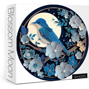 Blue Bird Flower Puzzles for Adults 1000 Pieces, 3D Paper Art Moon Jigsaw Puzzles, Beautiful Animal Floral Puzzle