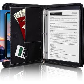 Antner Zipper Business Portfolio Padfolio Binder Professional من الجلد الصناعي منظم المستندات Folio 3 Ring Notebook Binder مع سحاب إغلاق للكمبيوتر اللوحي، ومجلدات العرض التقديمي، والسيرة الذاتية، أسود