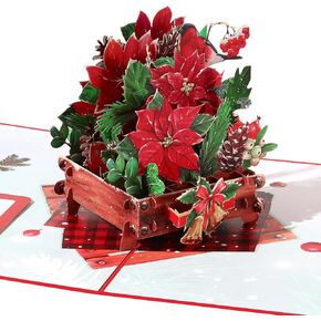 Christmas Pop Up Card Christmas Greeting Cards for Winter Holidays Handmade 3D Popup Card Xmas Gift Poinsettia Basket Cardinal Merry Christmas 6" x 8"- Includes Envelope and Note Tag