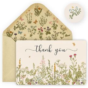 Artoid Mode 24 Pack Fall Wildflower Thank You Cards Floral Leaves Greeting Cards Gift With Envelope Sticker Blank Note Cards for Birthday Wedding Baby Shower Bridal Shower, 4 x 6 Inch