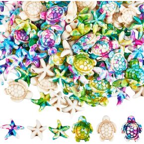 SUNNYCLUE 120PCS 2 Styles Turquoise Turtle Starfish Beads Summer Beads Hawaii Ocean Animal Sea Life Colorful Lucky Gemstone Loose Spacer Bead Bulk for Jewelry Making Beading Kit Bracelet Craft Supply