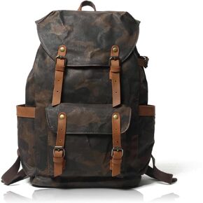 Camouflage Waxed Canvas Leather Hiking Travel Waterproof Backpack For College Weekend Travel Fit 15in laptops (Rainforest Camouflage)
