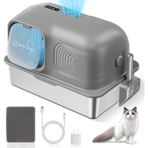 Stainless Steel Litter Box, Odor Control Enclosed Cat Litter Box with Flip-Top Lid, Extra Lage 65L, Anti-Leak, Scoop and Litter Mat Included, Easy to Clean Gray