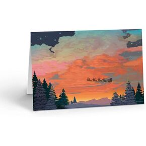 Stonehouse Collection Forest Sunset Santa - 18 Christmas Cards & Envelopes - Flying Sleigh (Standard)