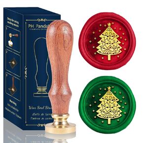 PH PandaHall Christmas Tree Wax Seal Stamp for Christmas, Vintage Sealing Wax Stamps 25mm Wax Seals Brass Head with Wood Handle for Christmas New Year Envelopes Invitation Cards Decor Gift Wrapping