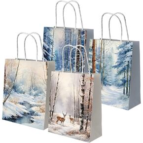 Gupesxu 12pcs Christmas Gift Bags with Handles - Watercolor Forest Christmas Paper Bags for Gift, Winter Snow Christmas Tree Goodies Bags Bulk Christmas Treat Bags for Kids Xmas Holiday Party