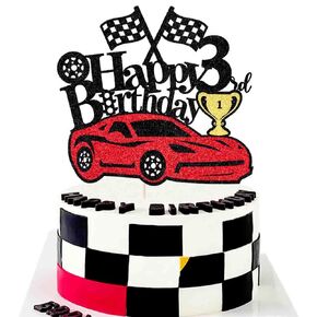 Ruscalin Car Cake Topper Happy 3rd Birthday Cake Topper for Racing Car Checkered Flag Themed Kids Boy Girl Happy Birthday Party Supplies (3rd)