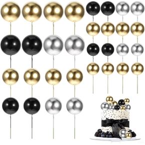 32 PCS Balloon Cake Topper, Black Gold Silver Cake Topper Balloons Mini Foam Cupcake Toppers Decorations DIY Cake Insert Topper for Wedding Anniversary Birthday Party Supplies