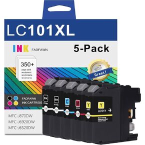 LC101XL Ink Cartridges (Black,Cyan,Magenta,Yellow, 5-Pack) Compatible LC101XL Ink Replacement for Brother LC101 LC103 XL Ink Cartridge Work for MFC-J870DW MFC-J6920DW MFC-J6520DW MFC-J450DW Printer