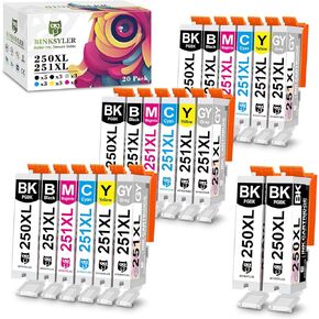 20-Pack 250 251 Ink Cartridges for Canon PGI-250XL CLI-251XL 250 251 Grey Ink Work for Canon Pixma iP8720 MG7120 MG7520 MG6320 Printer (5PGBK/3BK/3C/3M/3Y/3GY)