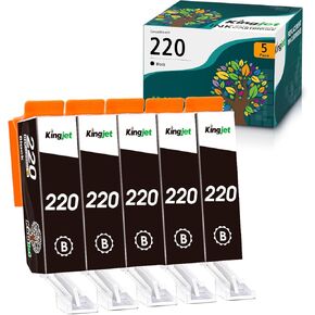 Kingjet Compatible for Canon 220 Black Ink Cartridge Replacement for PGI-220 PGI220 Work with PIXMA MP560 MP620 MP620B MP640 MP980 MP990 MX860 IP3600 IP4600 IP4700 Printer, 5 Pack for 220 XL Black Ink