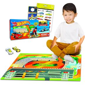 Hot Wheels Mega Mat with Vehicle - Bundle with Hot Wheels Playmat with Vehicle and 4 Racecar Sticker Sheets (Hot Wheels Playset)