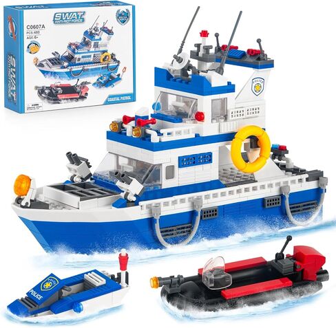 City Police Boat Building Blocks Sets, Cool Patrol Rescue Coast Guard Ship with Race Boat Building Toys,480 Pcs STEM for Boys Girls 6-12 in Kuwait