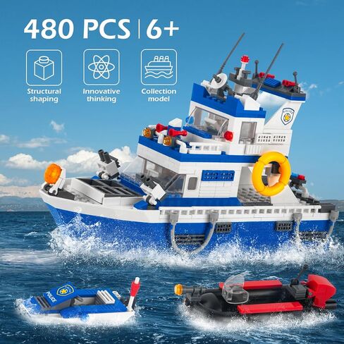 City Police Boat Building Blocks Sets, Cool Patrol Rescue Coast Guard Ship with Race Boat Building Toys,480 Pcs STEM for Boys Girls 6-12 in Kuwait