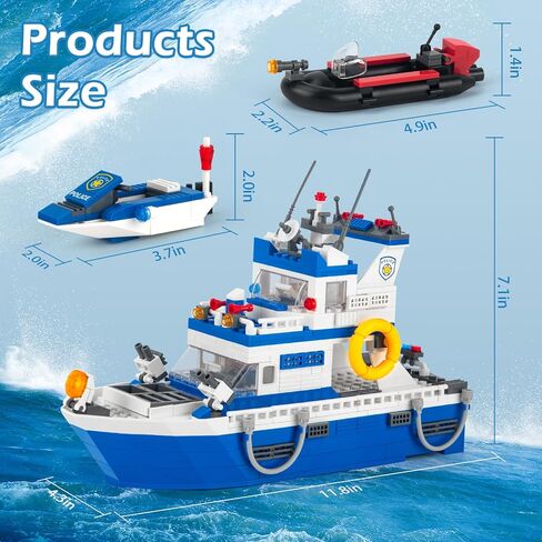 City Police Boat Building Blocks Sets, Cool Patrol Rescue Coast Guard Ship with Race Boat Building Toys,480 Pcs STEM for Boys Girls 6-12 in Kuwait