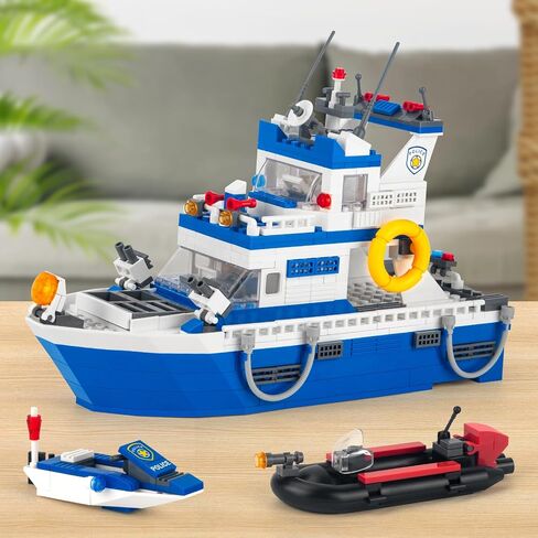 City Police Boat Building Blocks Sets, Cool Patrol Rescue Coast Guard Ship with Race Boat Building Toys,480 Pcs STEM for Boys Girls 6-12 in Kuwait