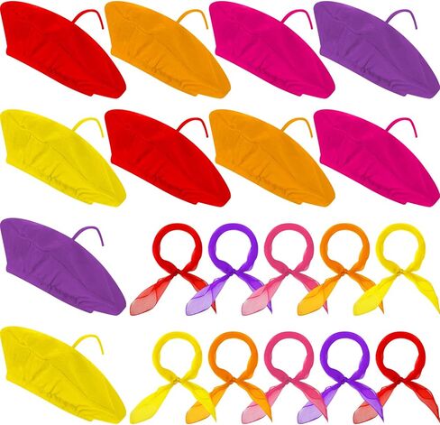 Laumoi 20 قطعة من قبعة البيريه الصوفية للهالوين قبعات حفلات البيريه الفرنسية مع وشاح رقبة ملون لتزيين الحفلات التنكرية للأطفال البالغين (ألوان نيون) in Kuwait