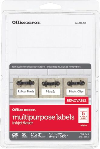 ملصقات نفث الحبر/الليزر القابلة للإزالة من Office Depot، مقاس 1 بوصة. × 3 بوصة، أبيض، عبوة من 250 قطعة، OD98799 in Kuwait