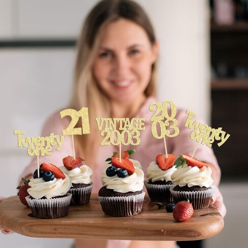 Gyufise 24Pcs Cheers to 21 Cupcake Toppers Glitter Twenty-one Vintage 2003 21st Birthday Cupcake Picks Hello 21 Years Birthday Cake Decorations for Happy 21st Birthday Anniversary Party Supplies Black in Saudi Arabia