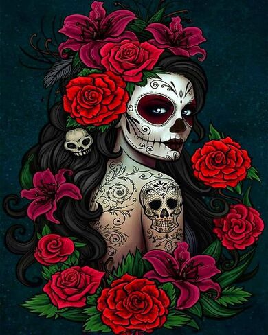 لوحات يوم الموتى التقليدية لمهرجان المكسيك الفن الرقمي الطلاء بالأرقام عدة للبالغين مجموعة طلاء زيتي من الأكريليك لوحة للمبتدئين رسم الجمجمة والزهور (16 بوصة عرض × 20 بوصة ارتفاع) in Kuwait