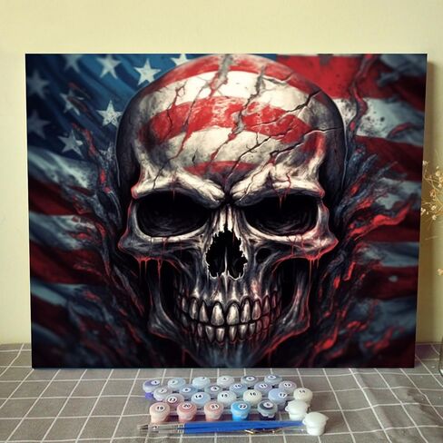 Aihonmin American Flag DIY Paint by Numbers for Kids Painting Kits for Adults Beginners Evil Skull DIY Oil Painting Picture Art Home Wall Decoration Gifts 16''x20''Inch（ Frameless） in Kuwait