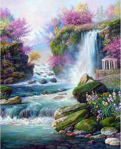 رسم المناظر الطبيعية بالأرقام، شلال الجبال، طلاء يدوي على القماش، طلاء باستخدام فرش الطلاء، طلاء أكريليك، مثالي للطلاء بالأرقام للبالغين والأطفال المبتدئين مع إطار DIY 16 × 20 بوصة in Kuwait