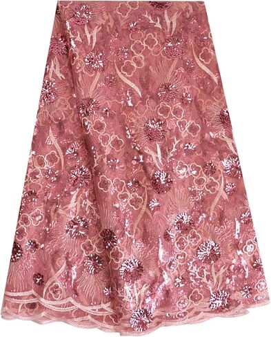 SanVera17 African Fabric 3D Sequins Net Fabrics Nigerian Embroidered Lace Fabric for Party Dress (Pink) 5 Yards in Kuwait