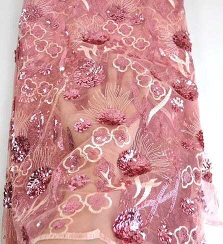 SanVera17 African Fabric 3D Sequins Net Fabrics Nigerian Embroidered Lace Fabric for Party Dress (Pink) 5 Yards in Kuwait
